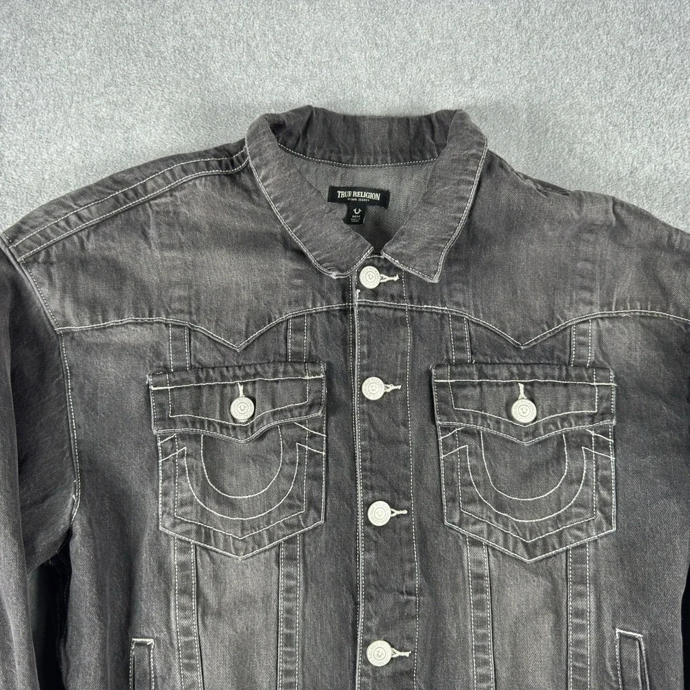 True Religion Denim Jacket Mens Medium Black Y2K Trucker Workwear Hip Hop Grunge
